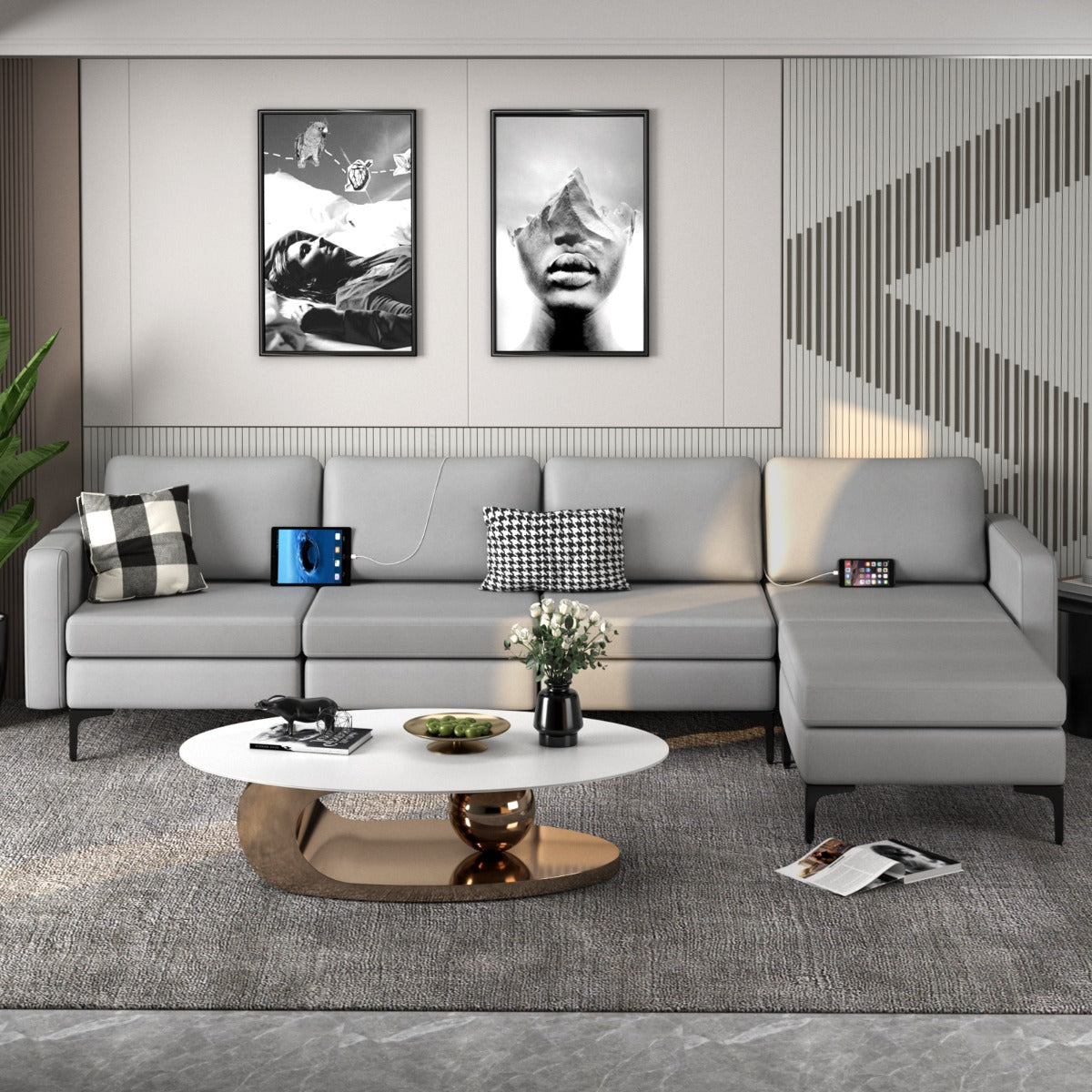 Sectional Sofa Couch with Reversible Ottoman for Living Room