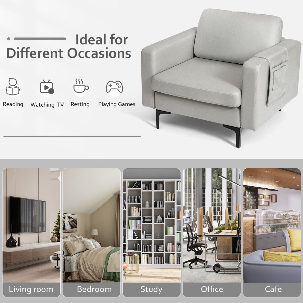 Upholstered Single Sofa Chair with Magazine Caddy Holder for Living Room