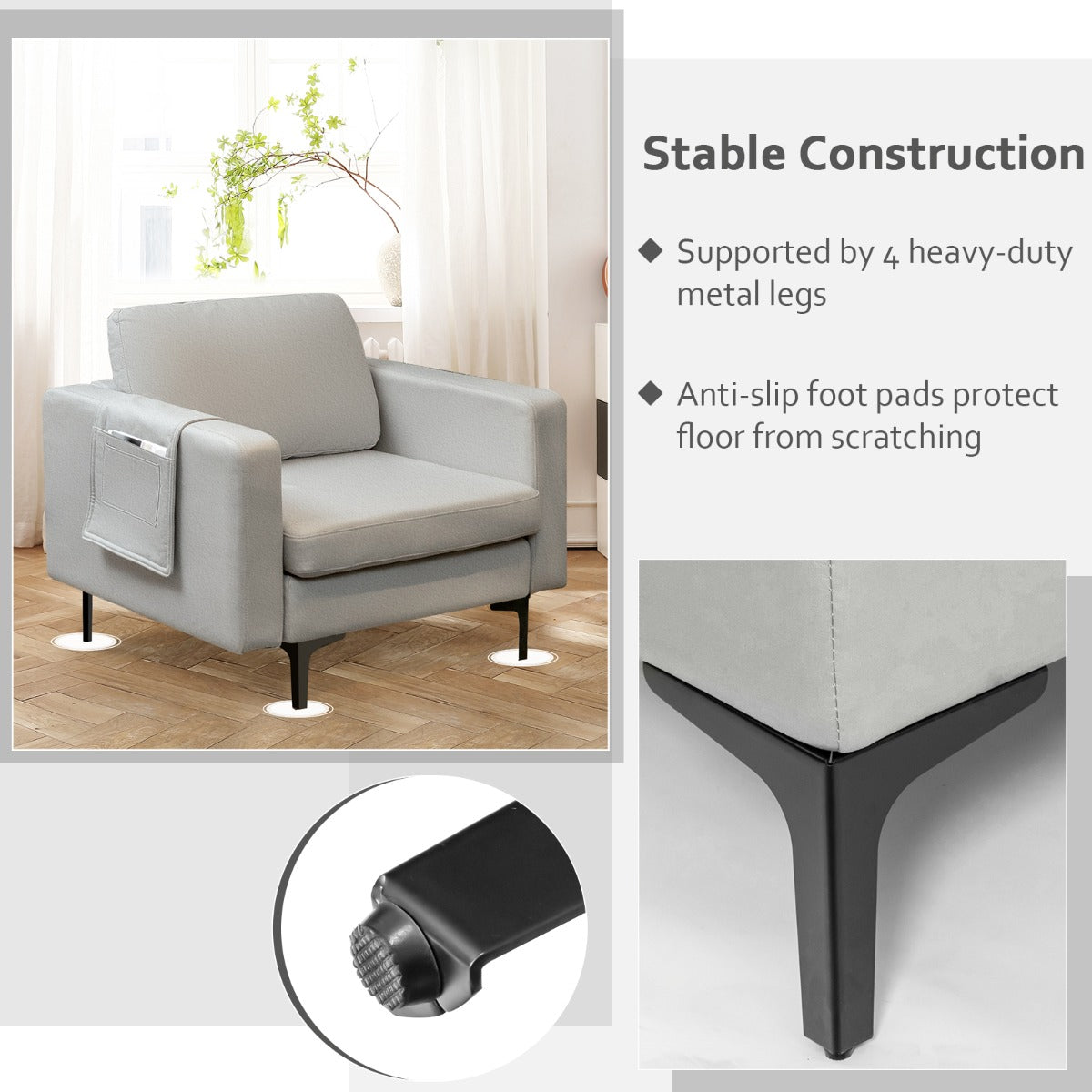 Upholstered Single Sofa Chair with Magazine Caddy Holder for Living Room