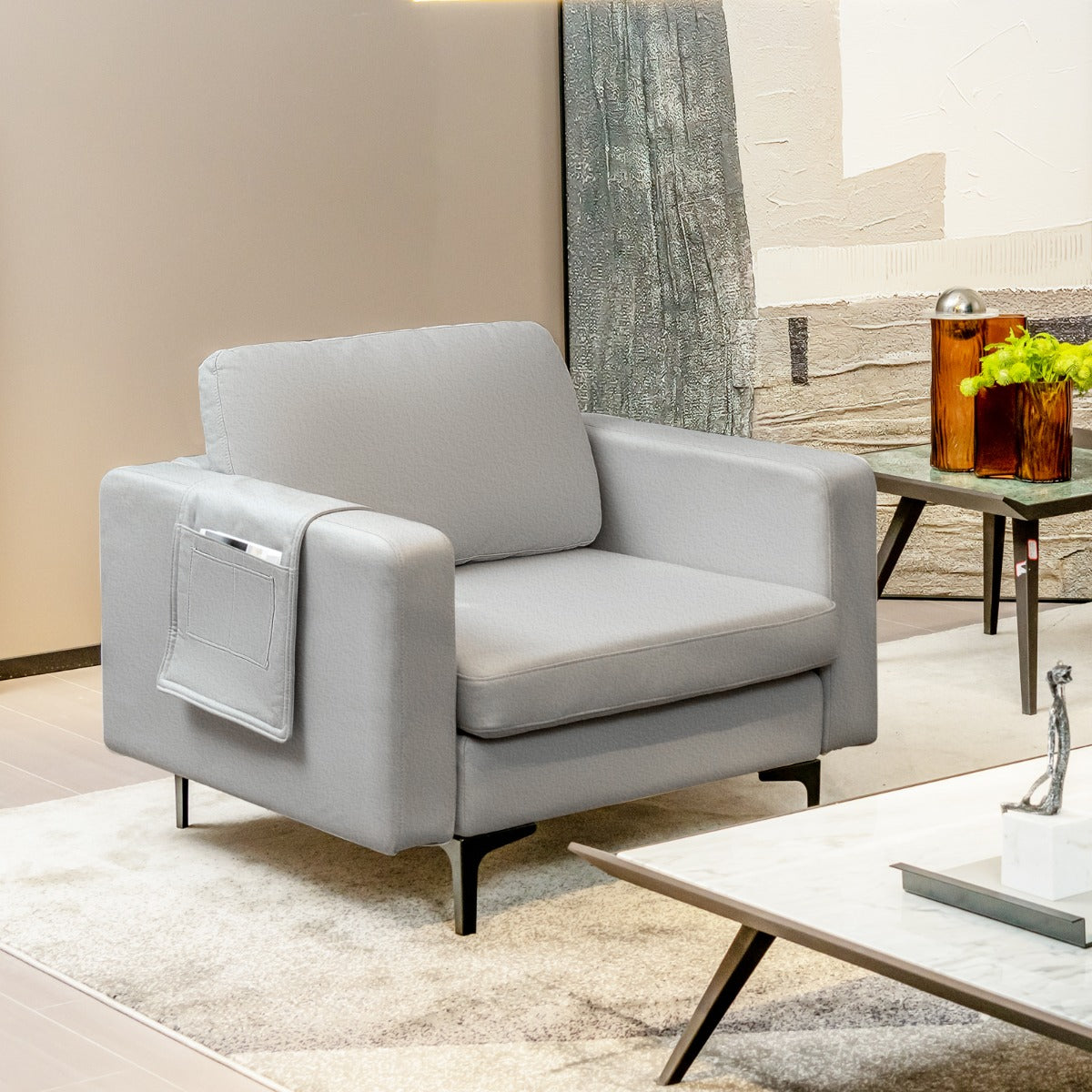 Upholstered Single Sofa Chair with Magazine Caddy Holder for Living Room