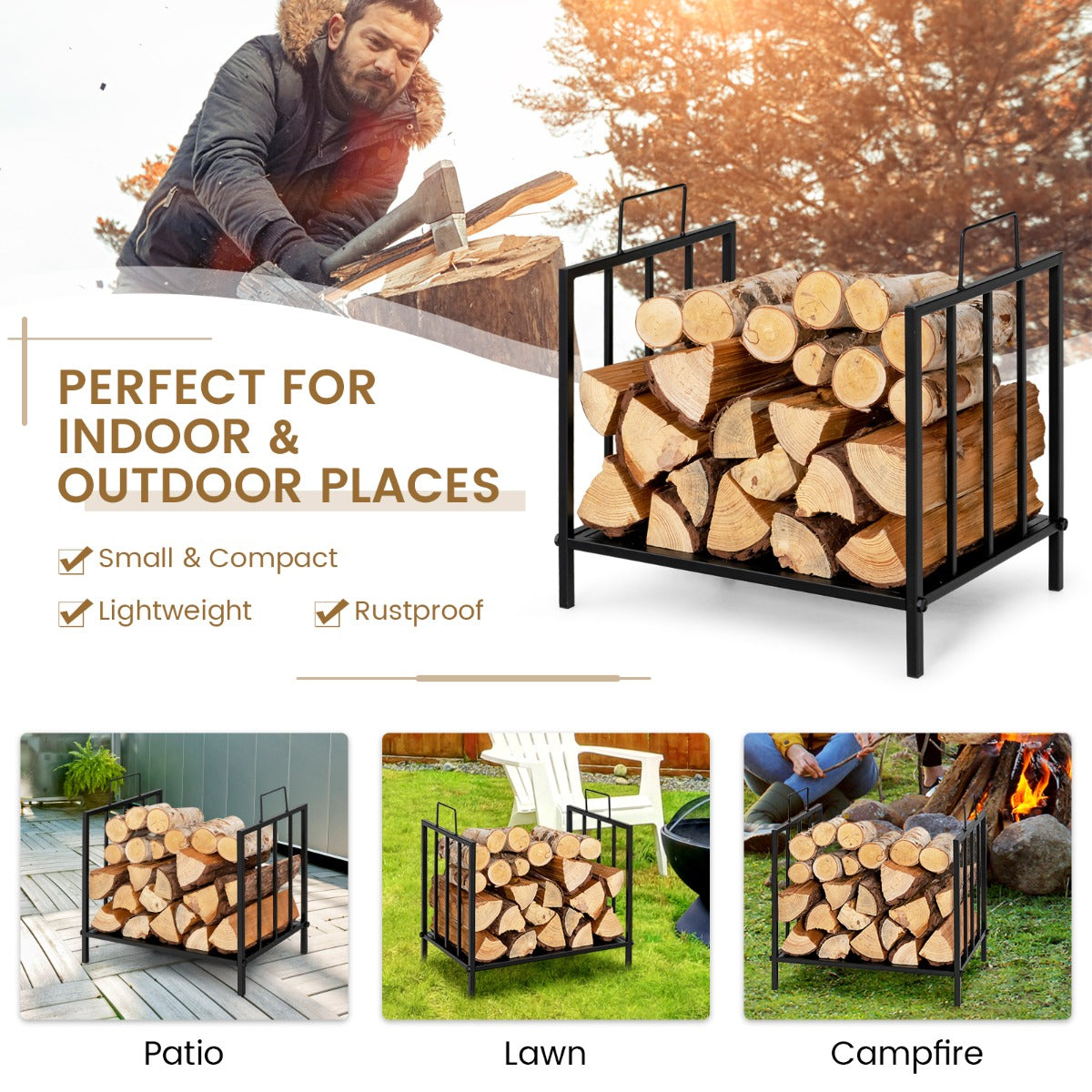 Firewood Log Rack with Convenient Handle for Fireplace, Stove, Fire Pit