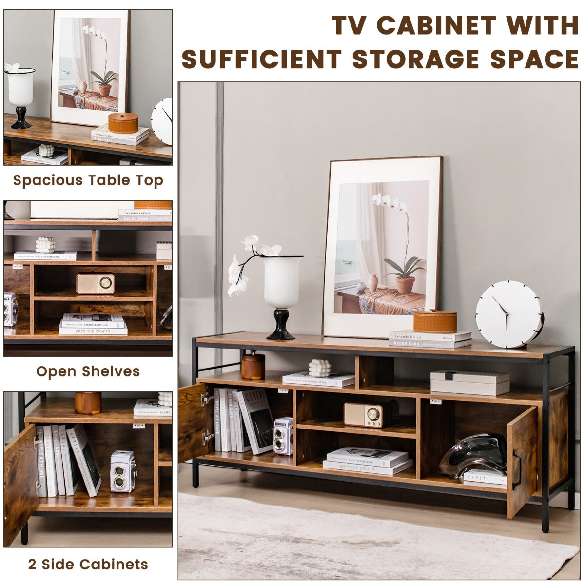 Home TV Cabinet with Storage Side Cabinets & Adjustable Shelf