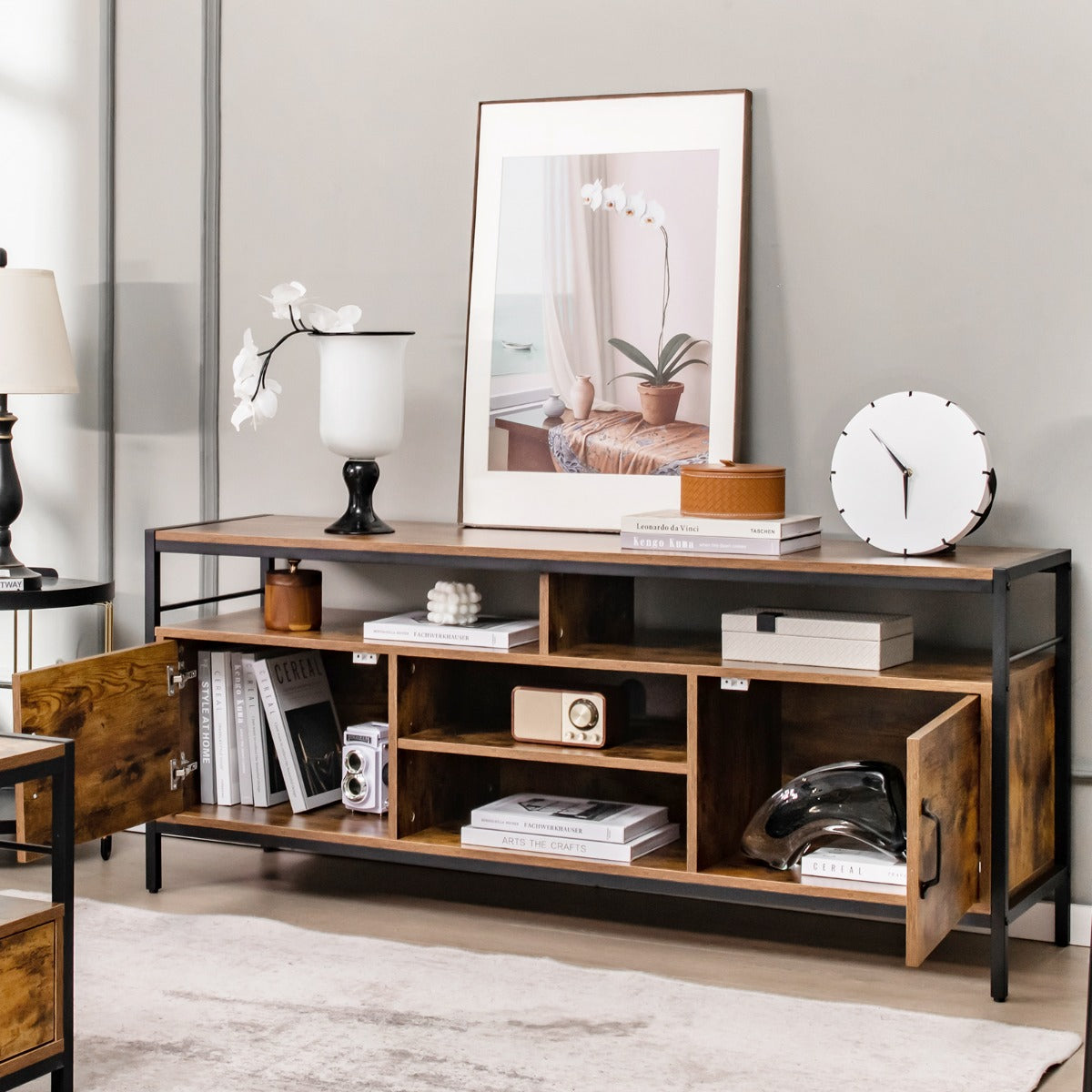Home TV Cabinet with Storage Side Cabinets & Adjustable Shelf