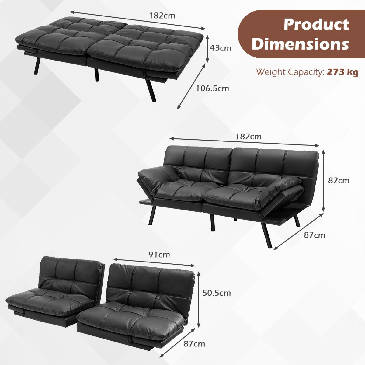 Convertible Memory Foam Futon Couch Bed with Adjustable Backrest and Armrests for Living Room-Black