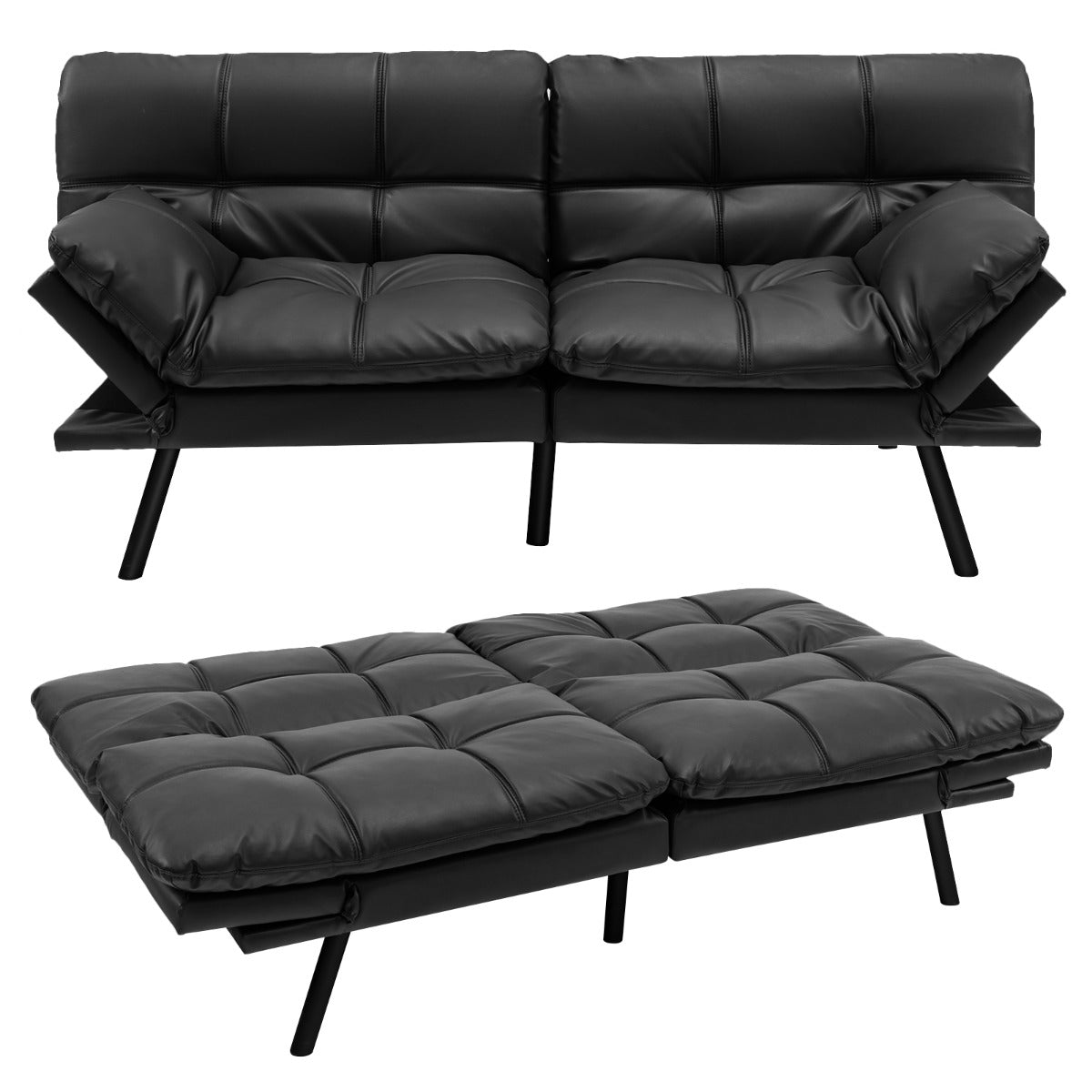 Convertible Memory Foam Futon Couch Bed with Adjustable Backrest and Armrests for Living Room-Black