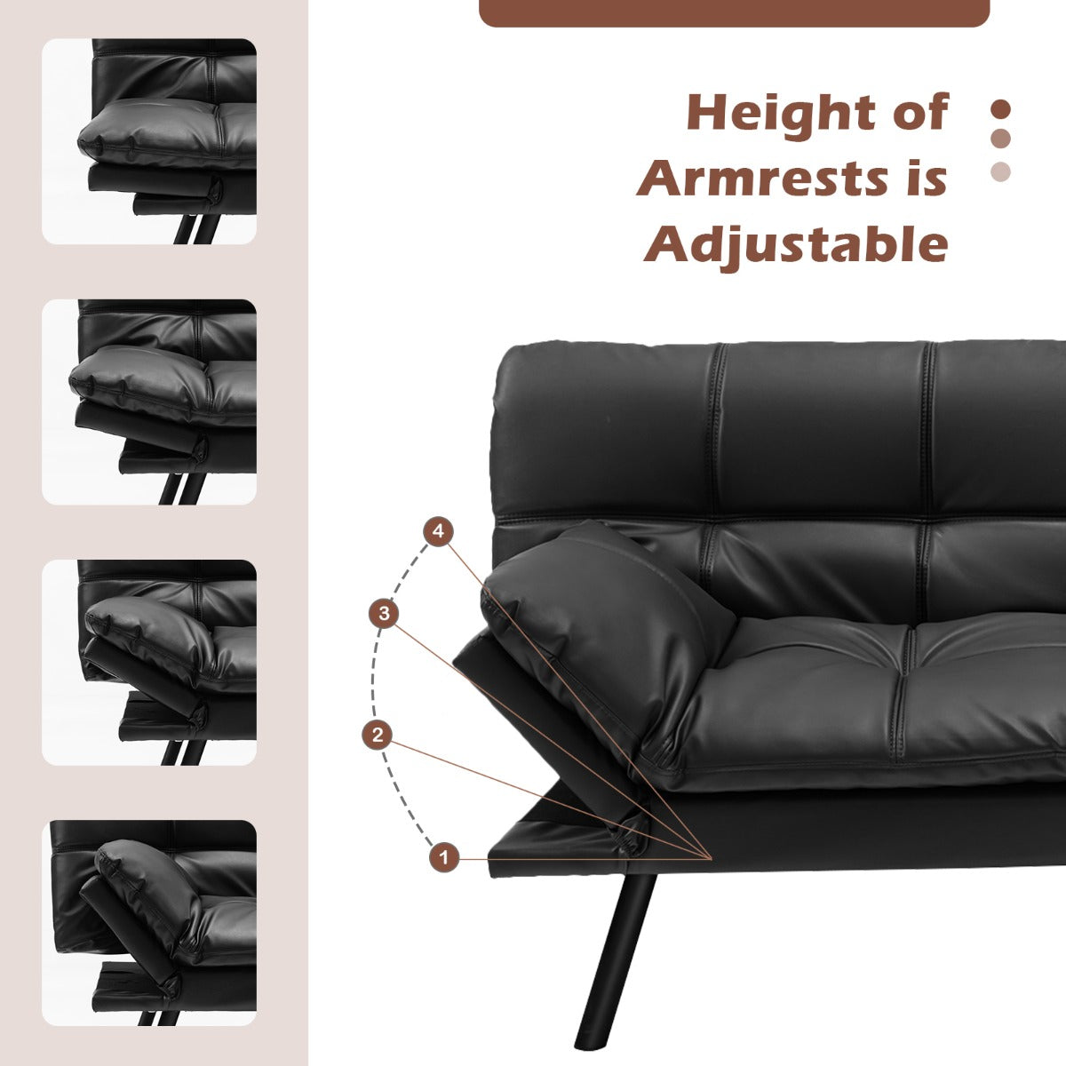 Convertible Memory Foam Futon Couch Bed with Adjustable Backrest and Armrests for Living Room-Black