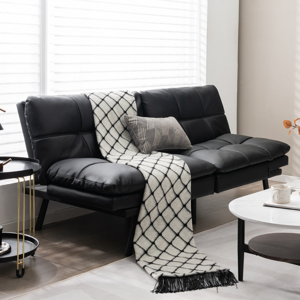 Convertible Memory Foam Futon Couch Bed with Adjustable Backrest and Armrests for Living Room-Black