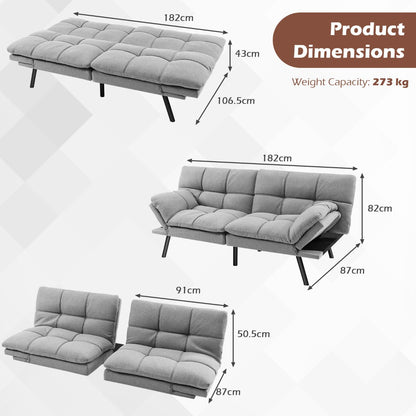 Convertible Memory Foam Futon Couch Bed with Adjustable Backrest and Armrests for Living Room-Grey