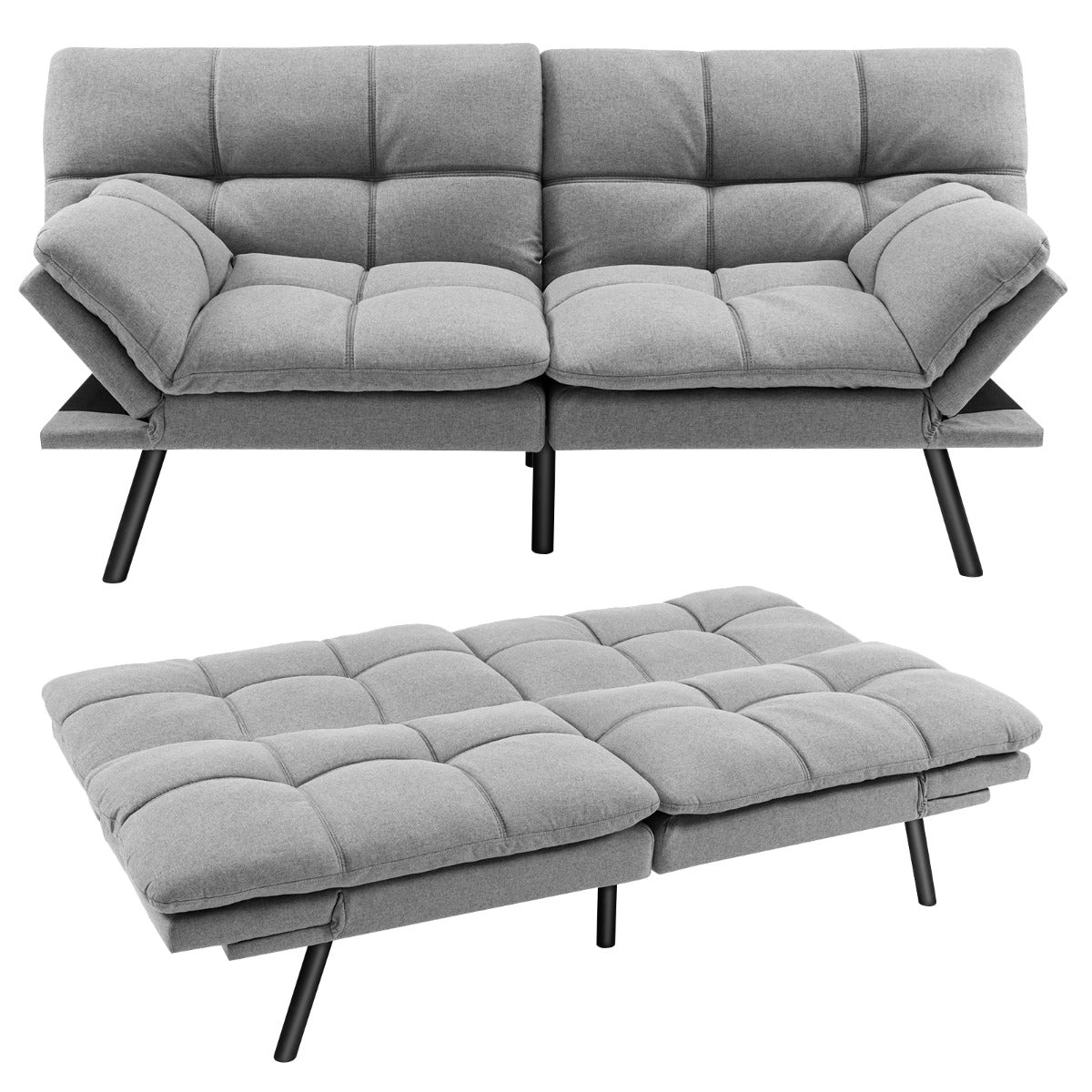 Convertible Memory Foam Futon Couch Bed with Adjustable Backrest and Armrests for Living Room-Grey