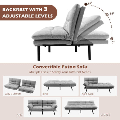 Convertible Memory Foam Futon Couch Bed with Adjustable Backrest and Armrests for Living Room-Grey