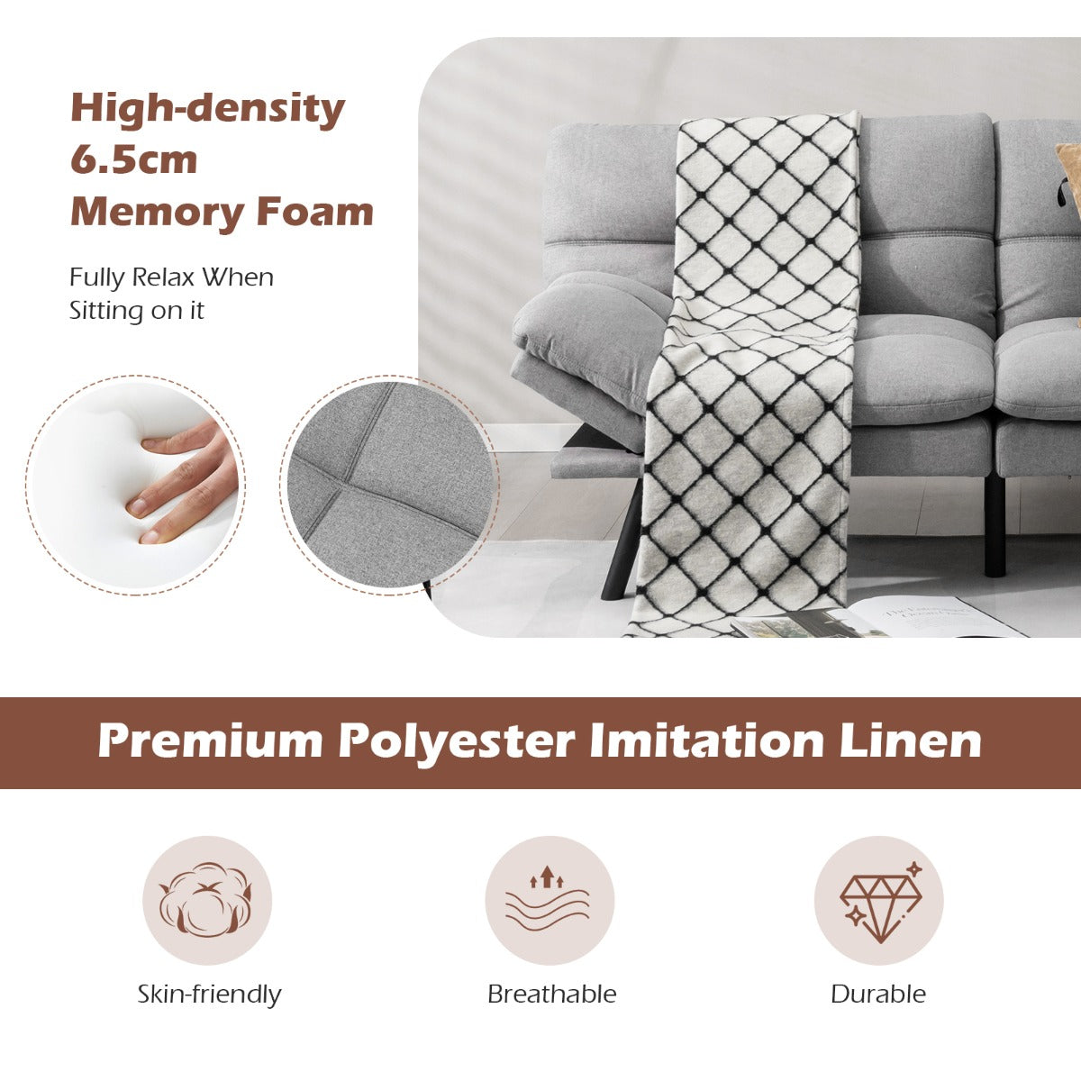 Convertible Memory Foam Futon Couch Bed with Adjustable Backrest and Armrests for Living Room-Grey