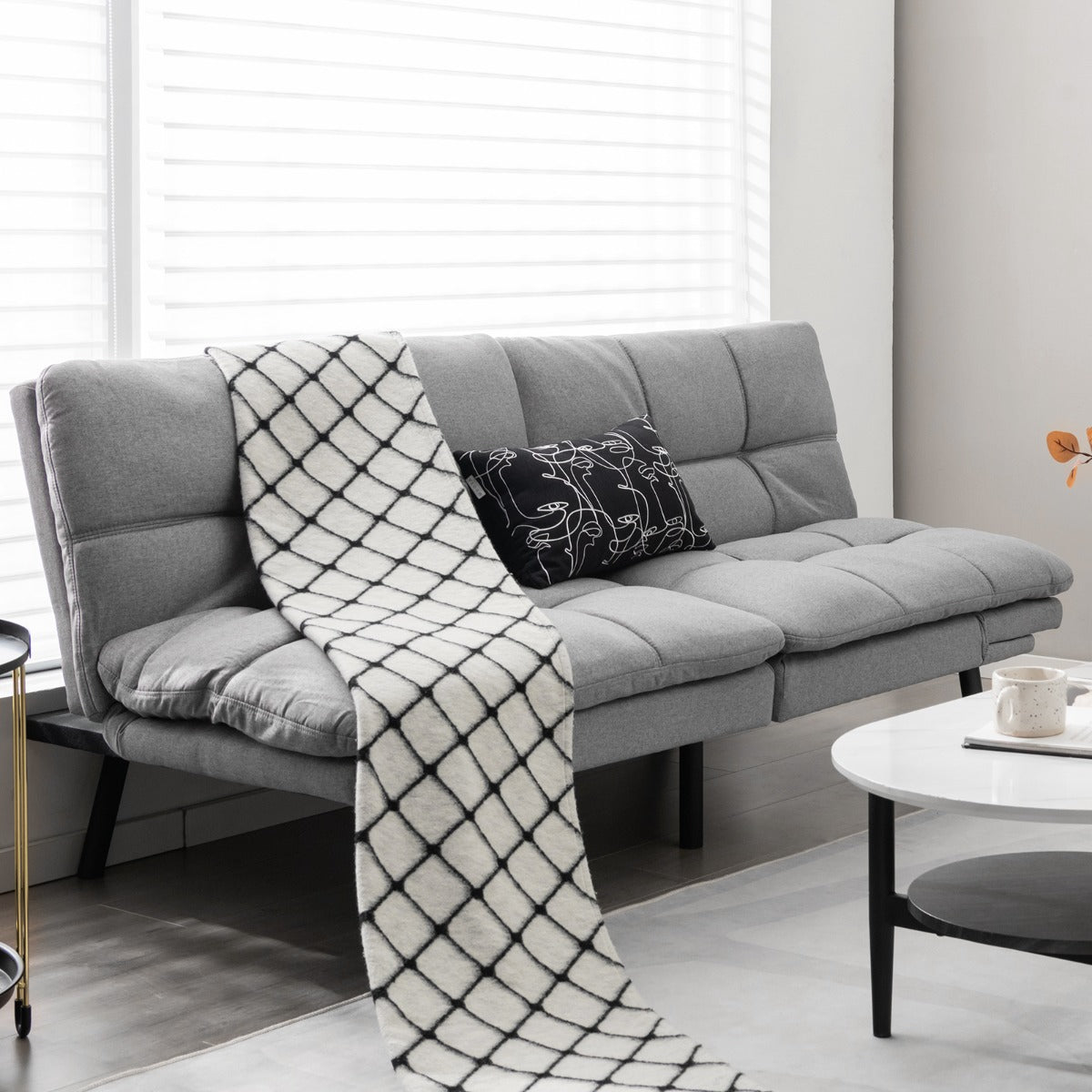 Convertible Memory Foam Futon Couch Bed with Adjustable Backrest and Armrests for Living Room-Grey