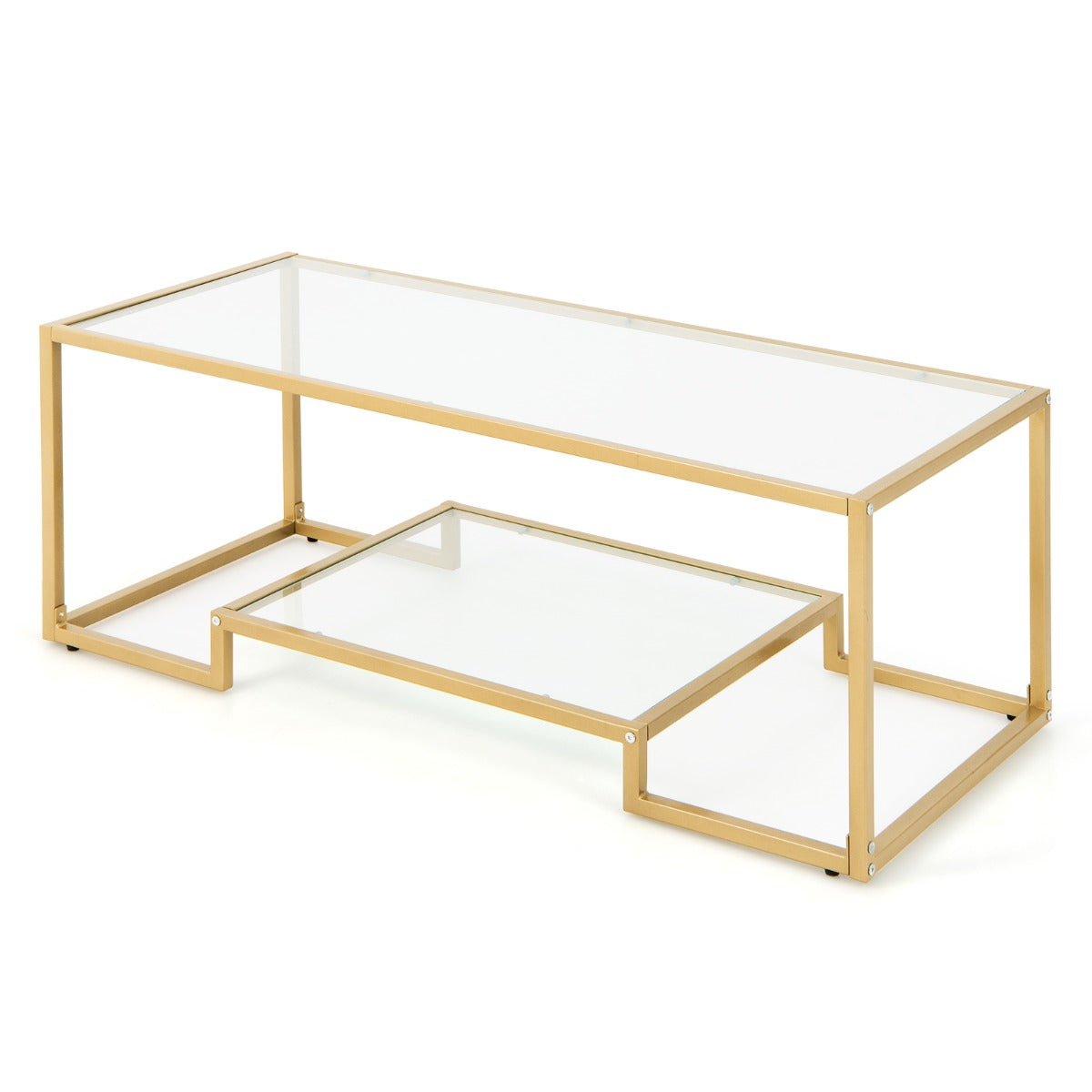Modern 2-Tier Coffee Table with Golden Metal Frame for Living Room
