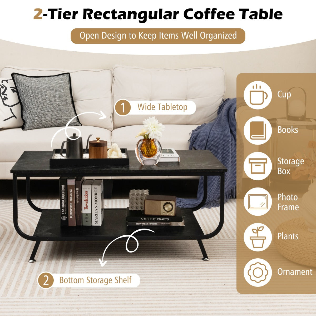 Costway Coffee Table with 2-Tier Storage Shelf for Living Room