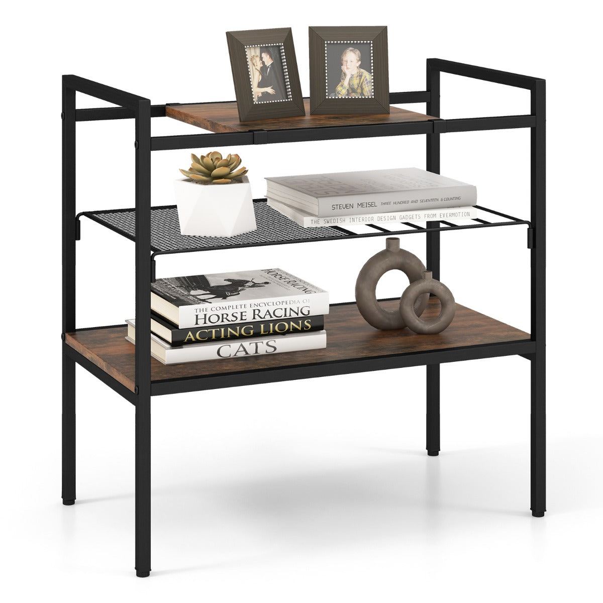 Costway 3-Tier Industrial Entryway Table with Removable Panel & Mesh Shelf