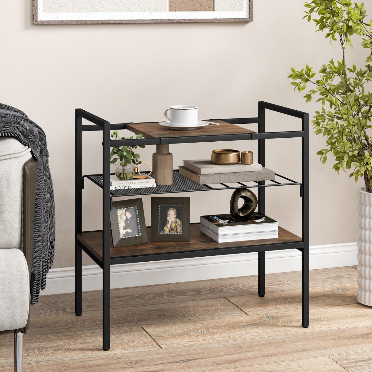 Costway 3-Tier Industrial Entryway Table with Removable Panel & Mesh Shelf