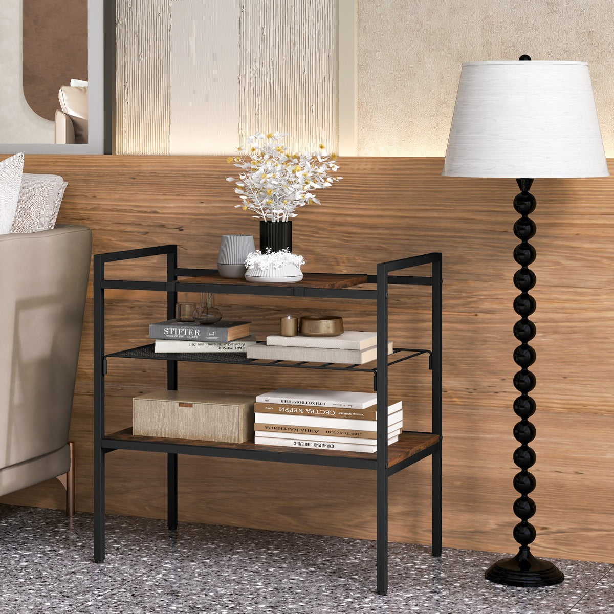 Costway 3-Tier Industrial Entryway Table with Removable Panel & Mesh Shelf