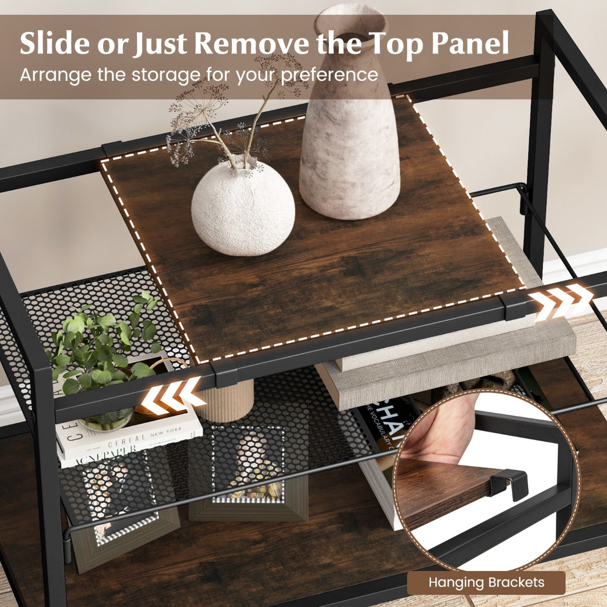 Costway 3-Tier Industrial Entryway Table with Removable Panel & Mesh Shelf