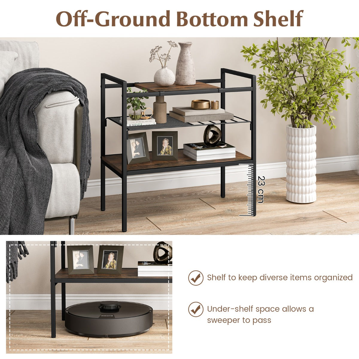 Costway 3-Tier Industrial Entryway Table with Removable Panel & Mesh Shelf