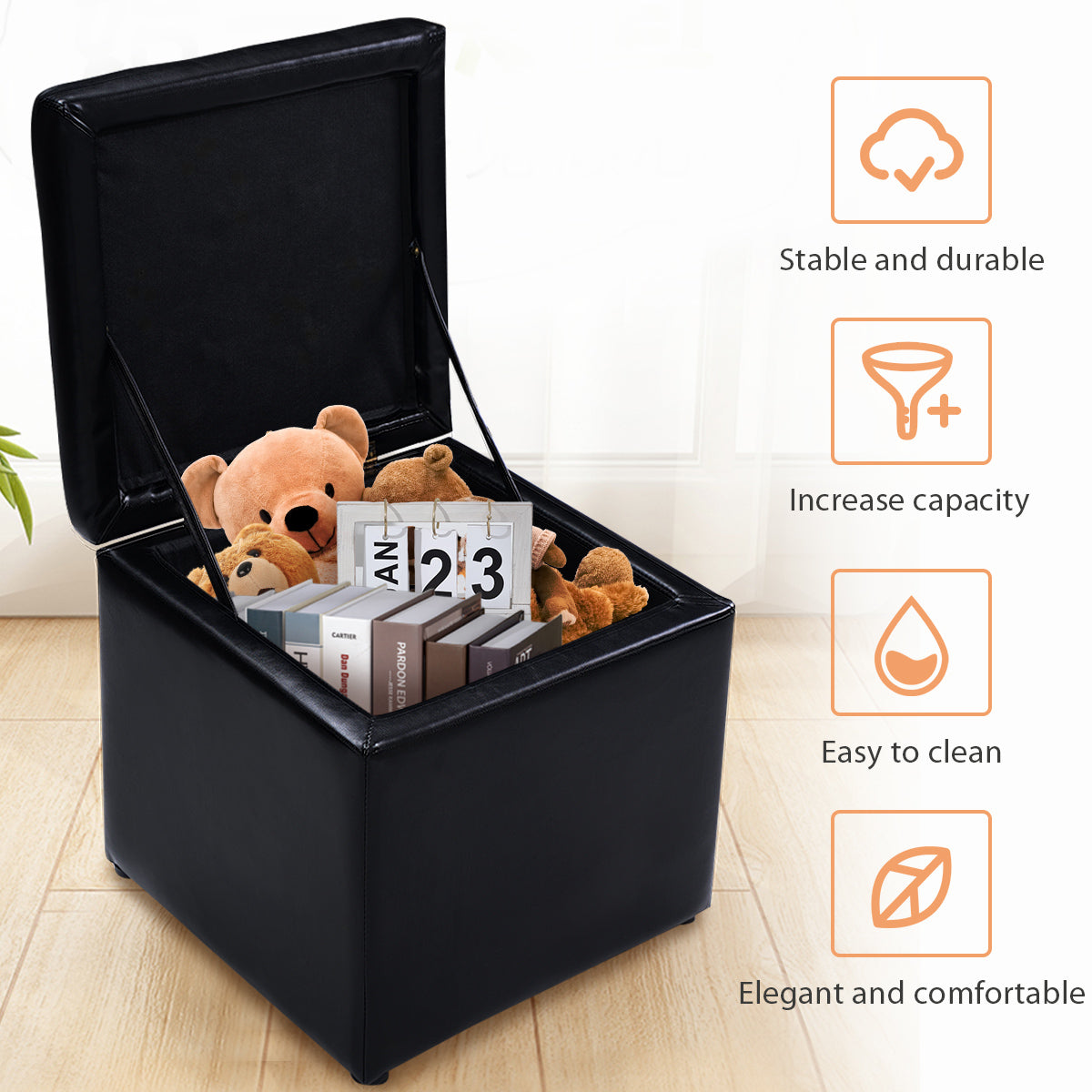 40cm PU Leather Cube Storage Ottoman with Lid-Black