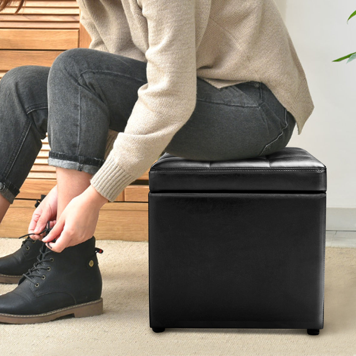 40cm PU Leather Cube Storage Ottoman with Lid-Black