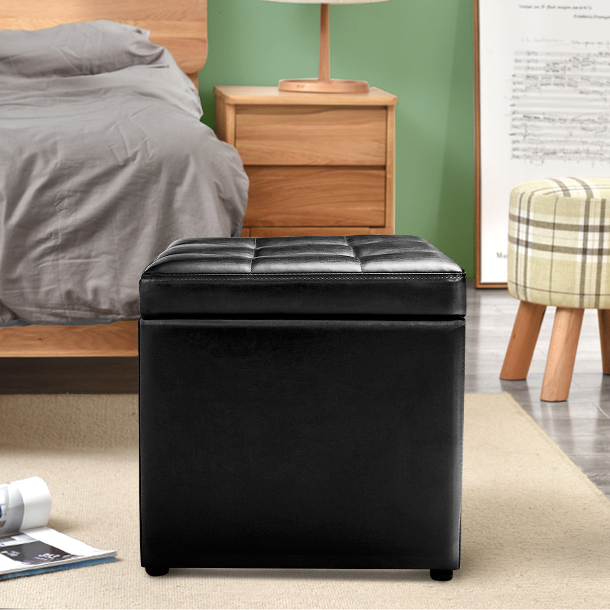40cm PU Leather Cube Storage Ottoman with Lid-Black