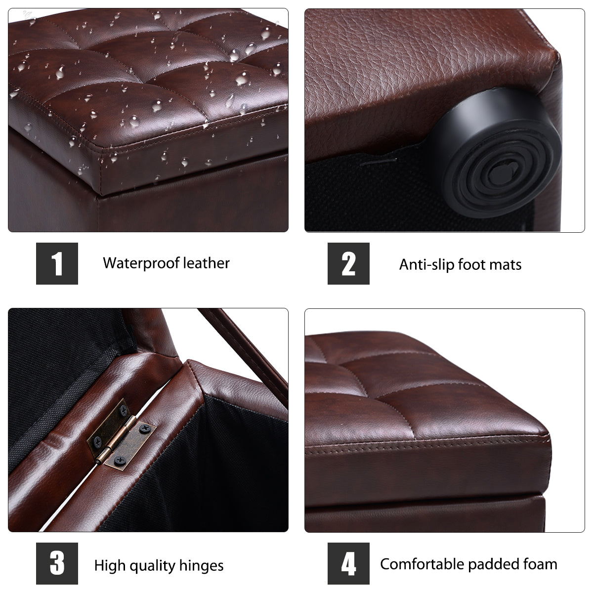 40cm PU Leather Cube Storage Ottoman with Lid-Brown