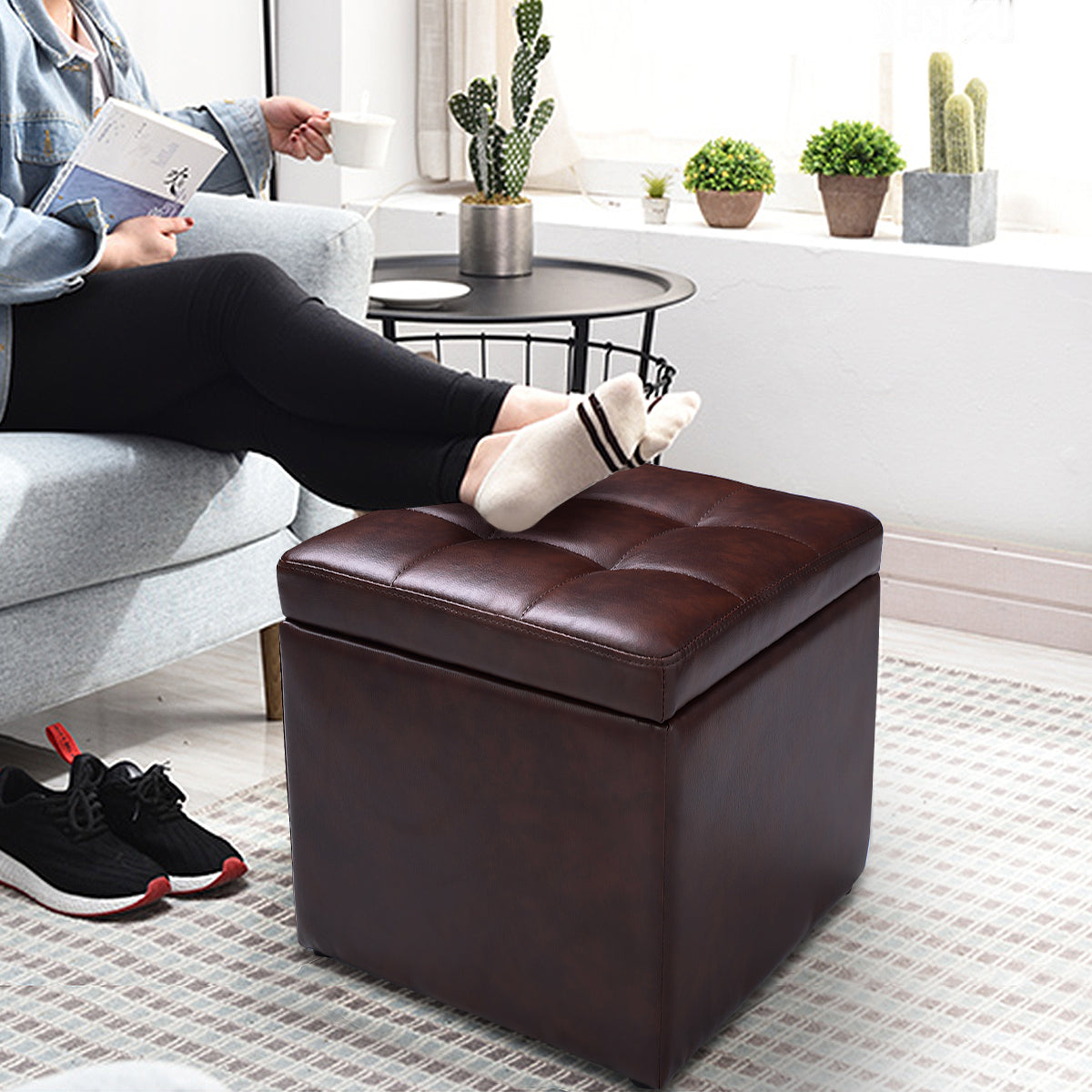 40cm PU Leather Cube Storage Ottoman with Lid-Brown