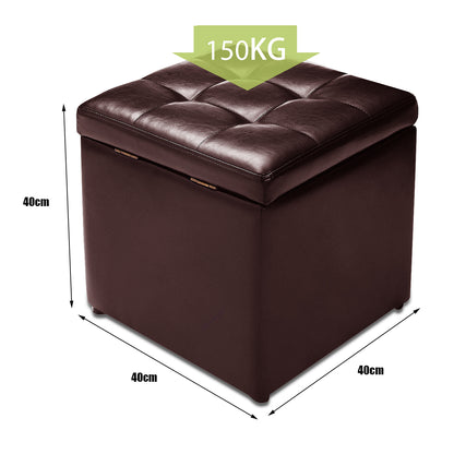 40cm PU Leather Cube Storage Ottoman with Lid-Brown