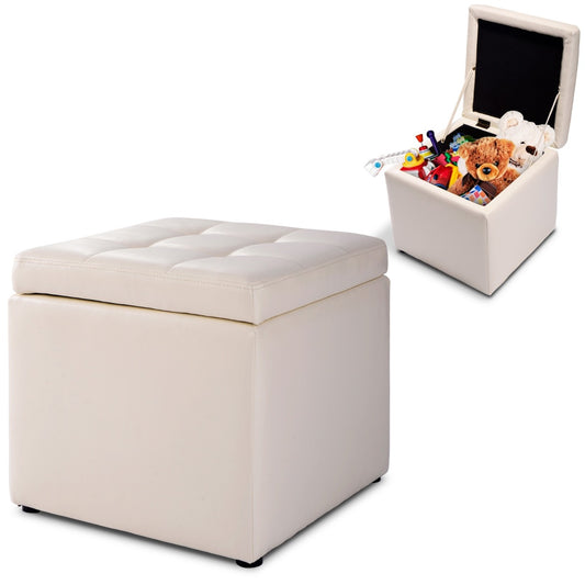 Costway 40cm PU Leather Cube Storage Ottoman with Lid-White