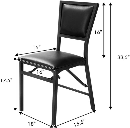 Set of two black folding dining chairs with padded PU leather seats and ergonomic backrests for home use