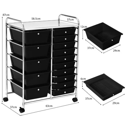 15 Drawer Rolling Storage Cart with Wheels for Home Office Black