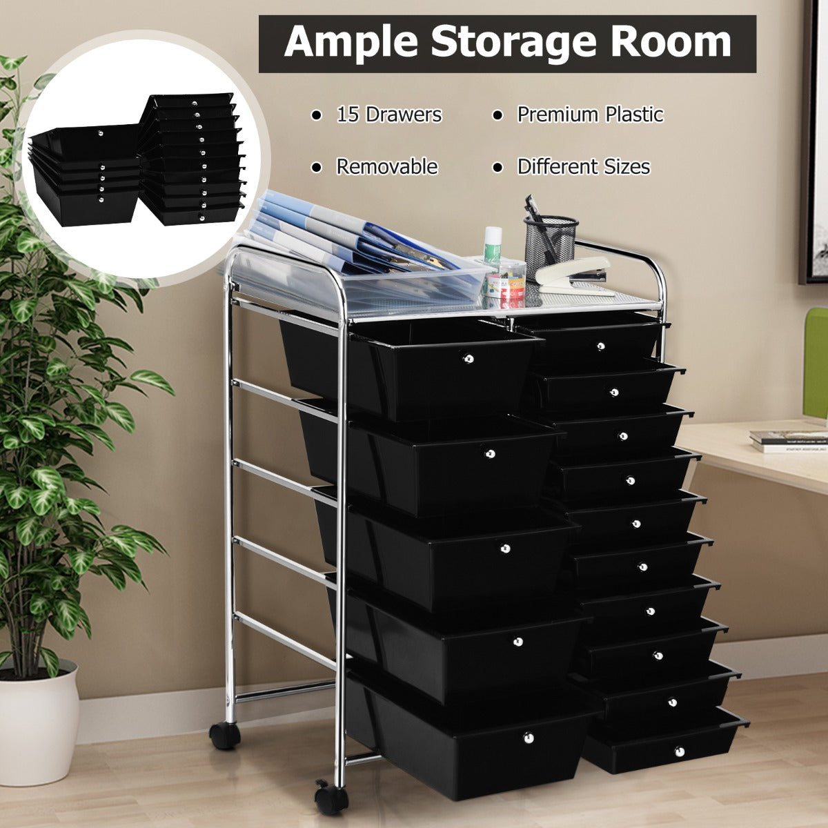 15 Drawer Rolling Storage Cart with Wheels for Home Office Black