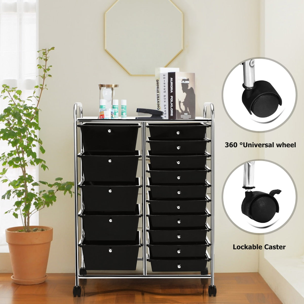 15 Drawer Rolling Storage Cart with Wheels for Home Office Black