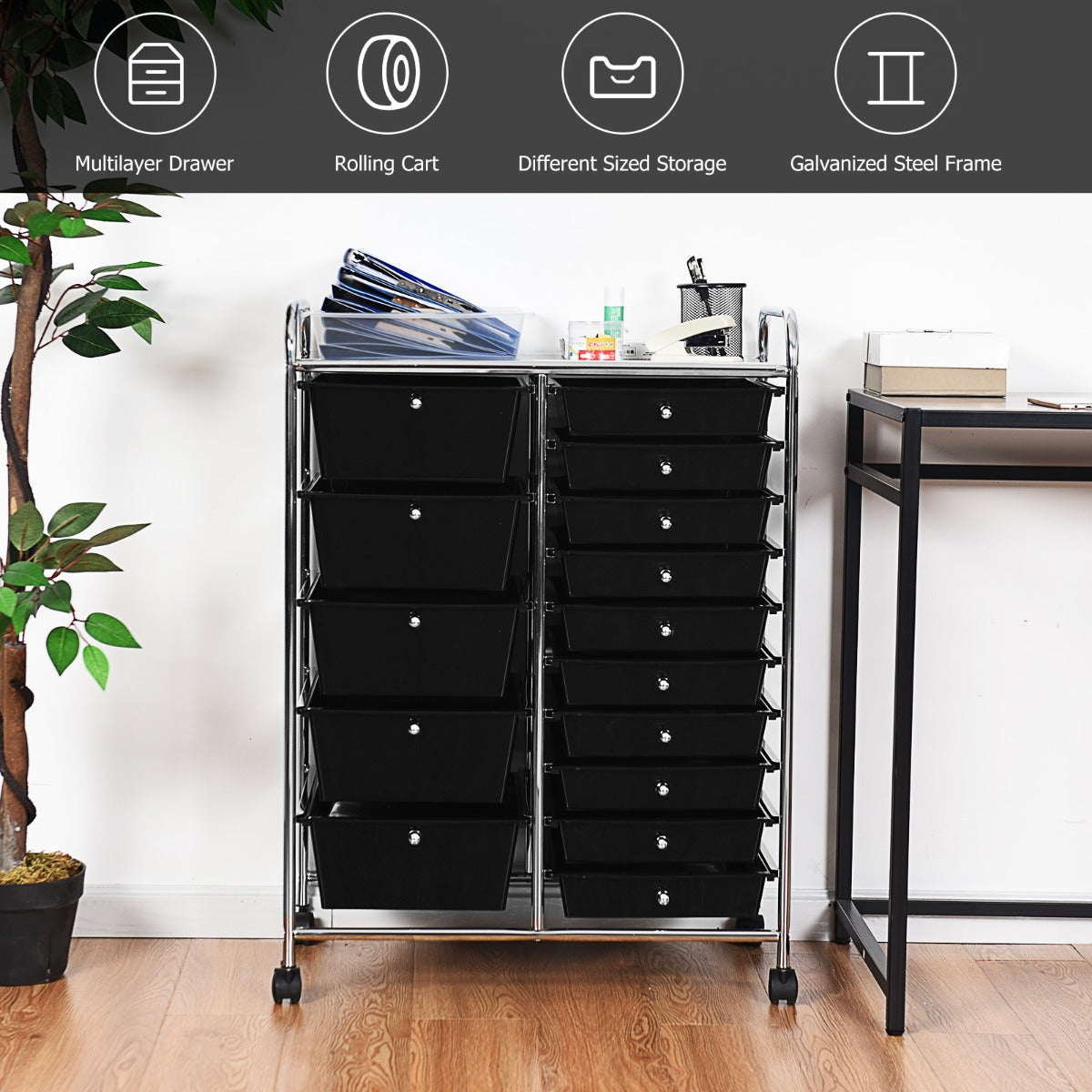 15 Drawer Rolling Storage Cart with Wheels for Home Office Black