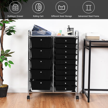 15 Drawer Rolling Storage Cart with Wheels for Home Office Black
