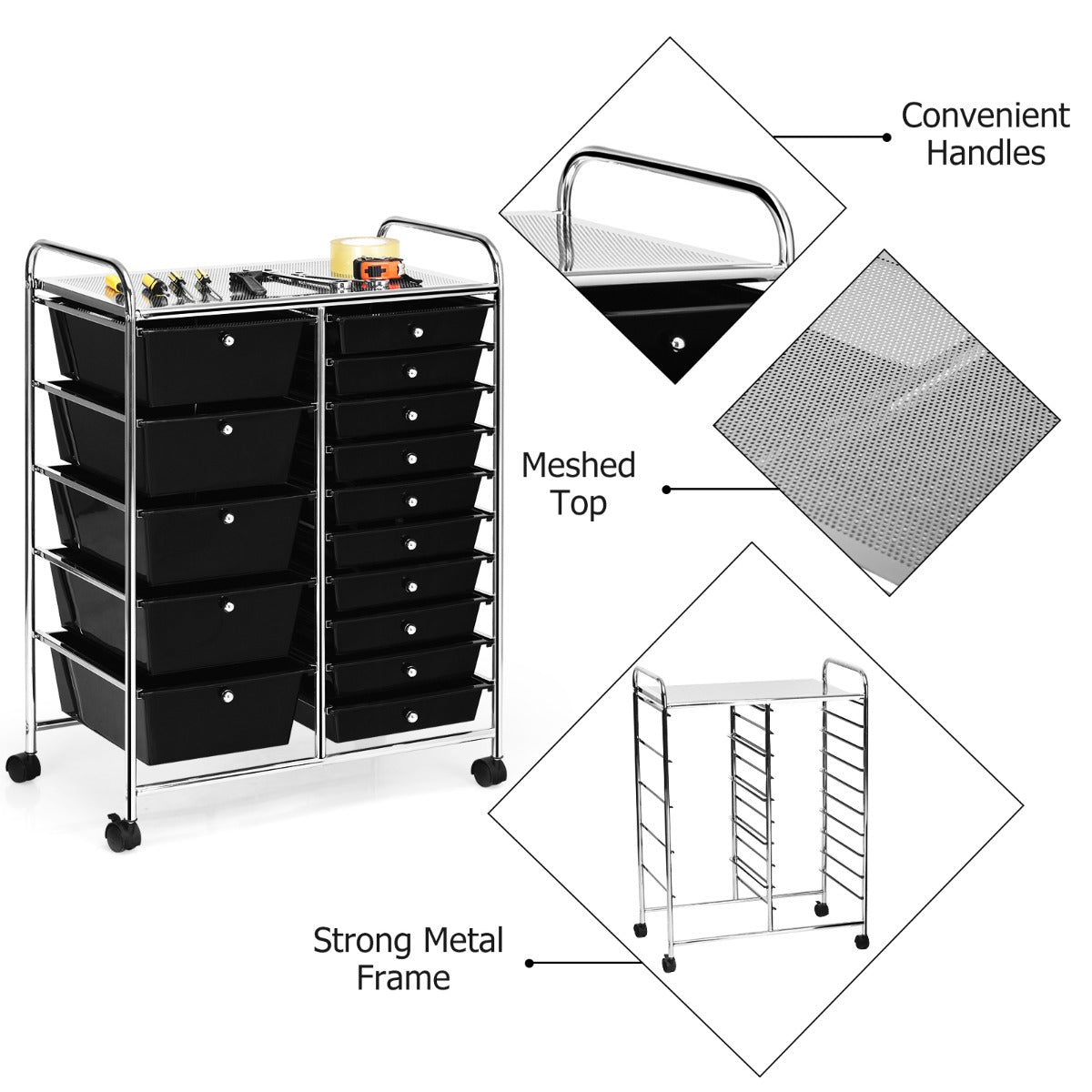 15 Drawer Rolling Storage Cart with Wheels for Home Office Black