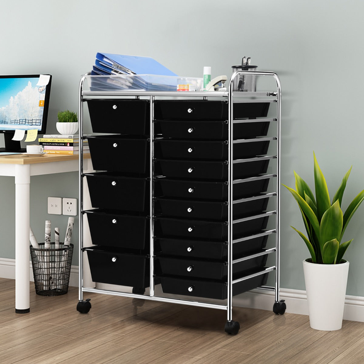 15 Drawer Rolling Storage Cart with Wheels for Home Office Black