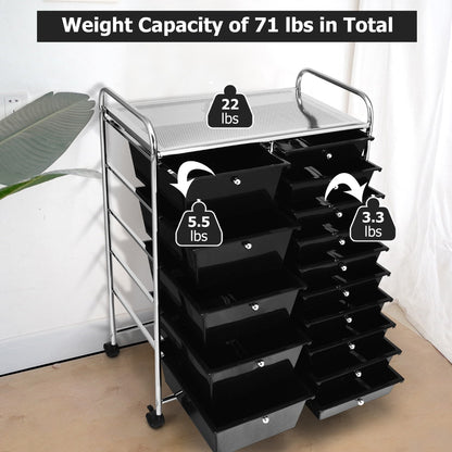 15 Drawer Rolling Storage Cart with Wheels for Home Office Black