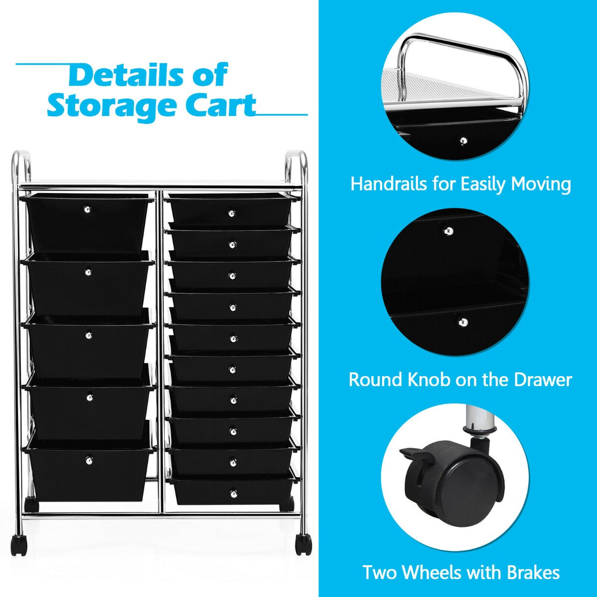 15 Drawer Rolling Storage Cart with Wheels for Home Office Black