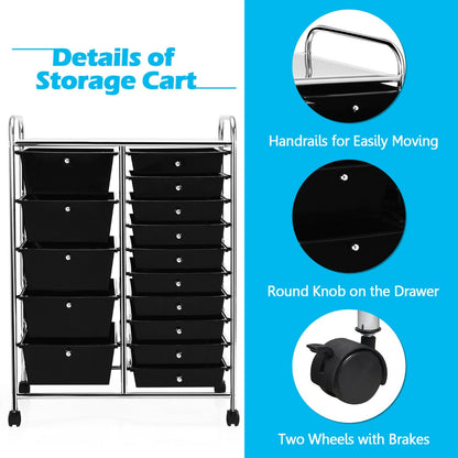 15 Drawer Rolling Storage Cart with Wheels for Home Office Black