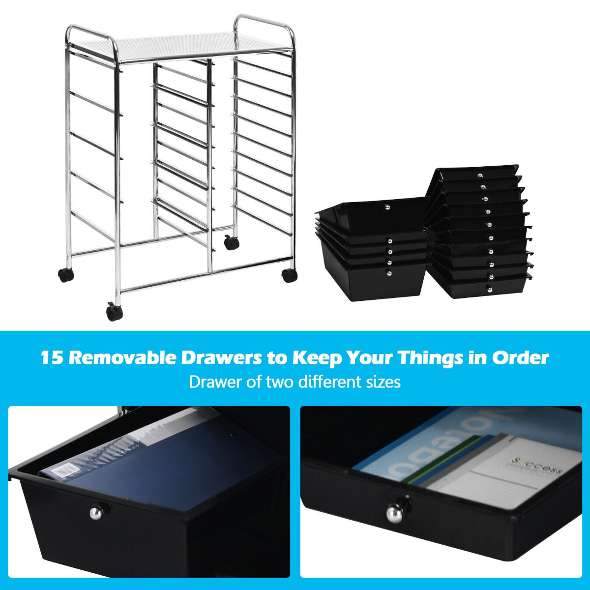 15 Drawer Rolling Storage Cart with Wheels for Home Office Black