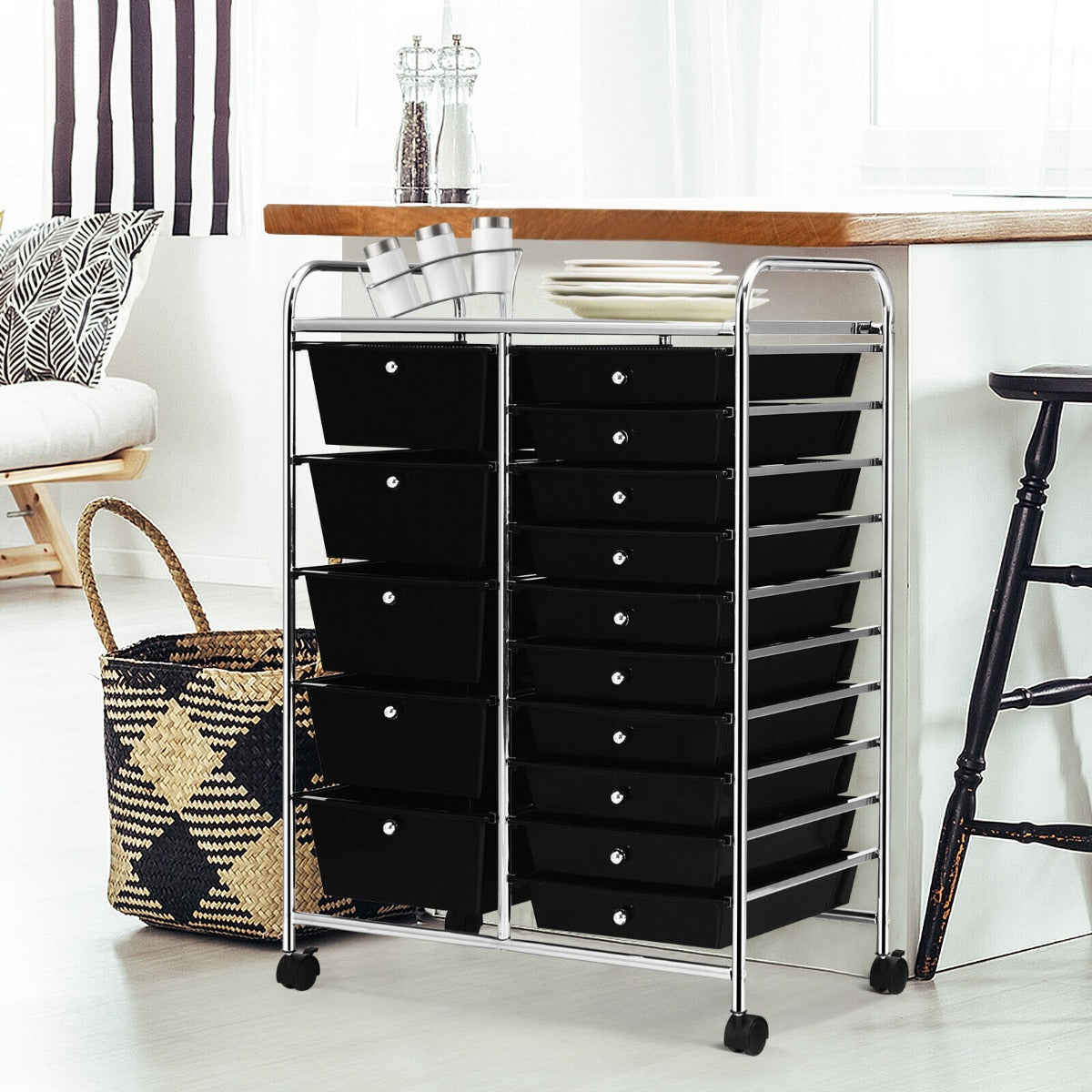 15 Drawer Rolling Storage Cart with Wheels for Home Office Black