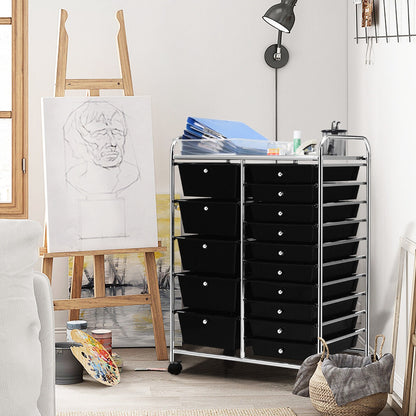 15 Drawer Rolling Storage Cart with Wheels for Home Office Black