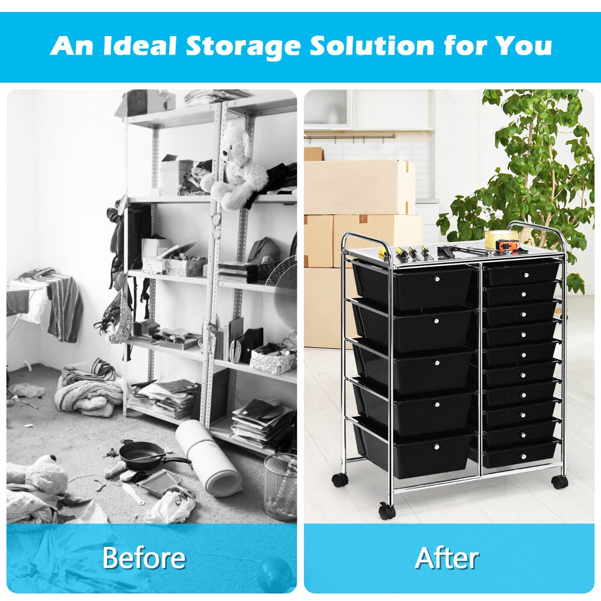 15 Drawer Rolling Storage Cart with Wheels for Home Office Black