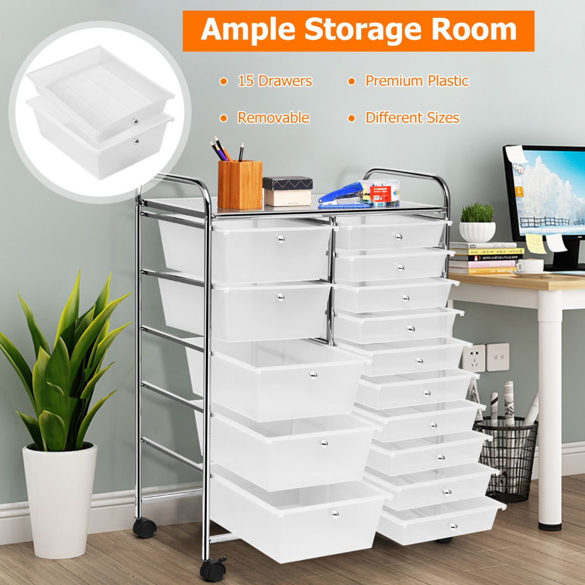 15 Drawer Rolling Storage Cart with Wheels for Home Office Clear