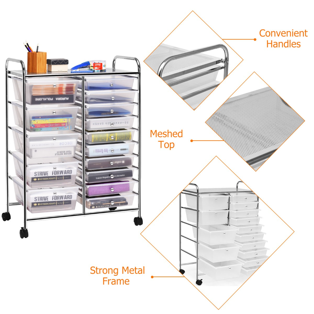 15 Drawer Rolling Storage Cart with Wheels for Home Office Clear