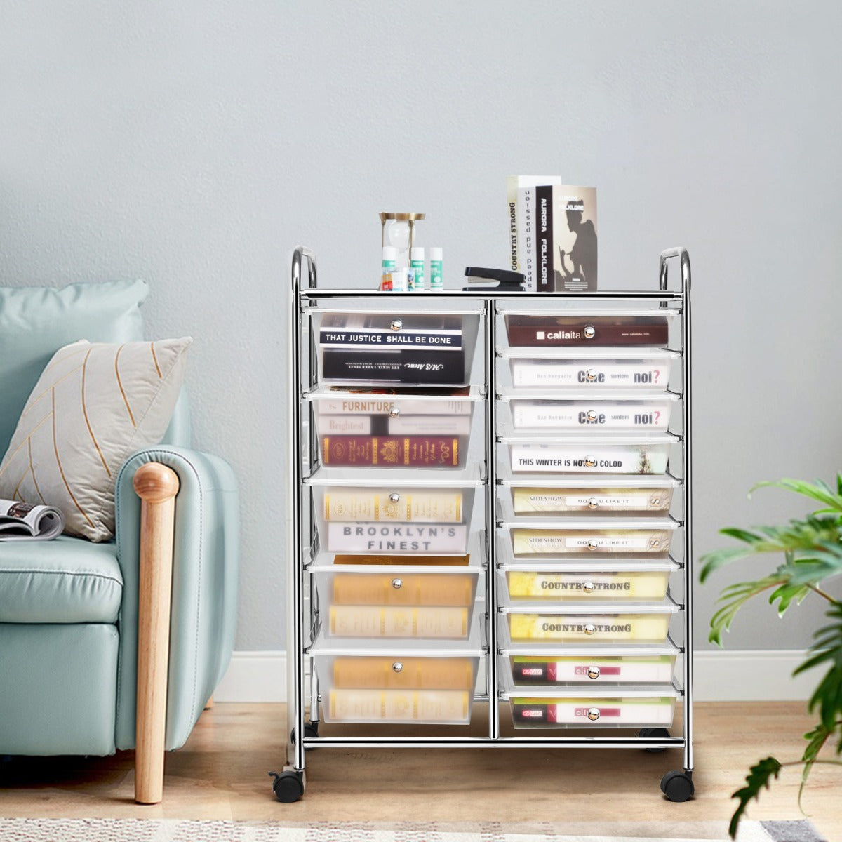 15 Drawer Rolling Storage Cart with Wheels for Home Office Clear
