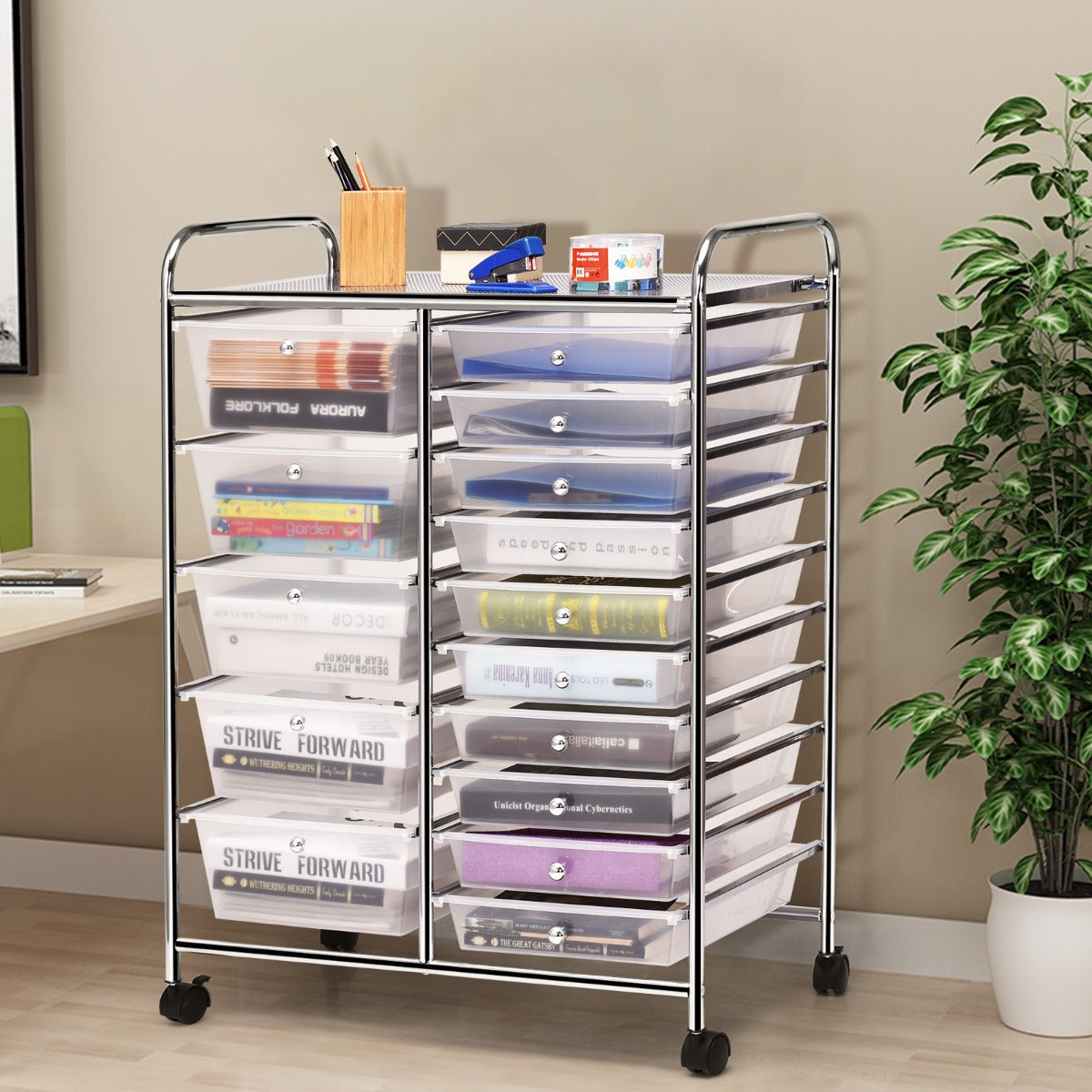 15 Drawer Rolling Storage Cart with Wheels for Home Office Clear