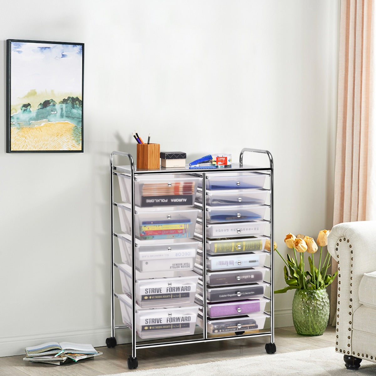 15 Drawer Rolling Storage Cart with Wheels for Home Office Clear